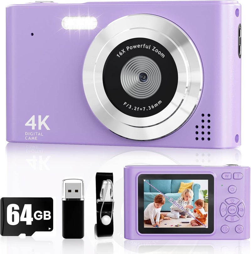 BEARBISU Digital Camera, 44MP Full HD 1080P Point and Shoot Camera with 64GB Card, Anti Shake 16X Zoom Compact Volg Cameras, Portable Small Digicam Gift for Kids, Ages Teen Girl Boy - Purple - Image 1